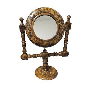 Vintage Vanity Tabletop Mirror Wood Hand Carved Swivel Round S